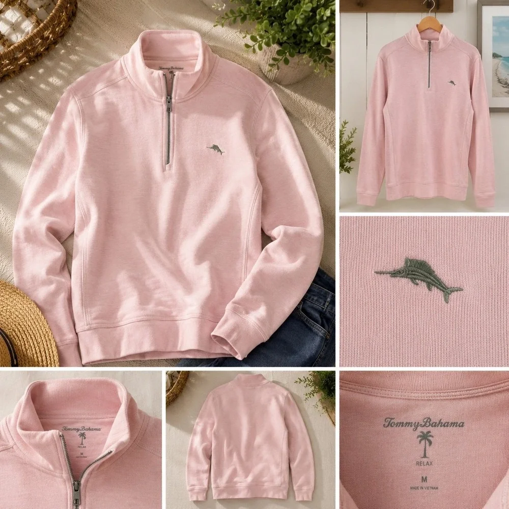 Tommy Bahama Men's Pink 1/4 Zip Pullover Sweatshirt Mock Neck Size M